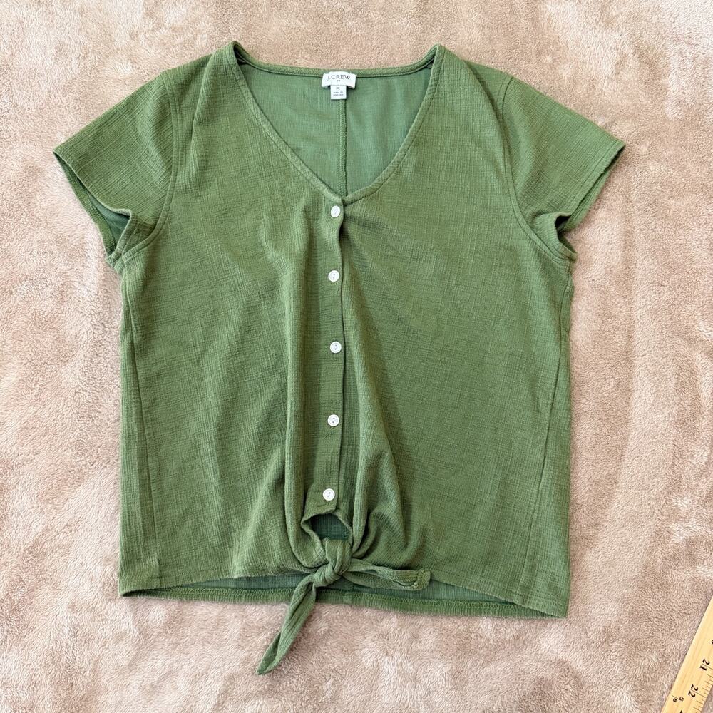 J. Crew Green Knit Textured Button Up Cropped Tie Waist Tee Shirt Medium Blouse